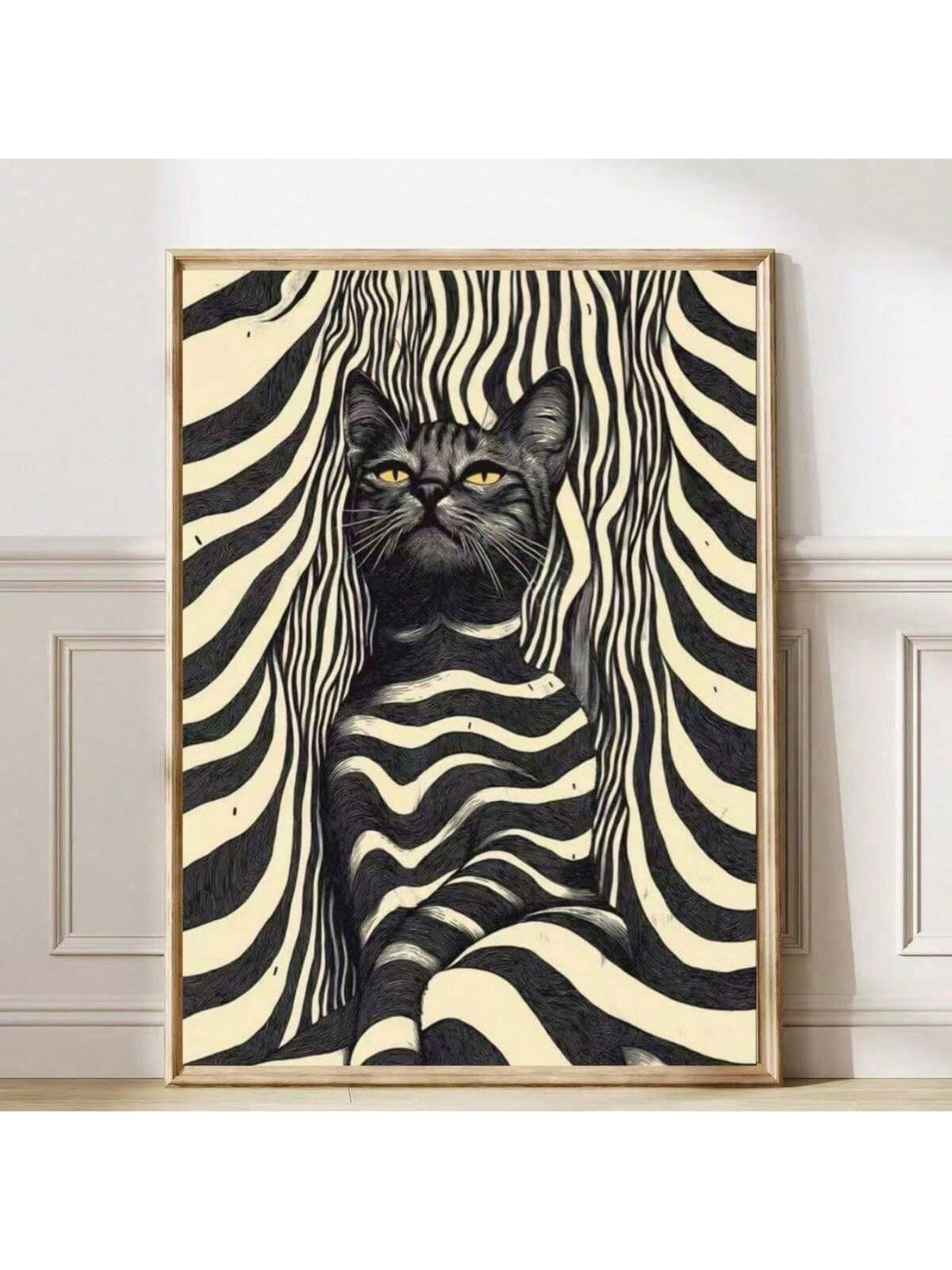 Transform your space with this striking modern abstract canvas art featuring a zebra-striped cat design. The bold black and white composition creates dramatic visual interest while maintaining sophisticated minimalist appeal. 