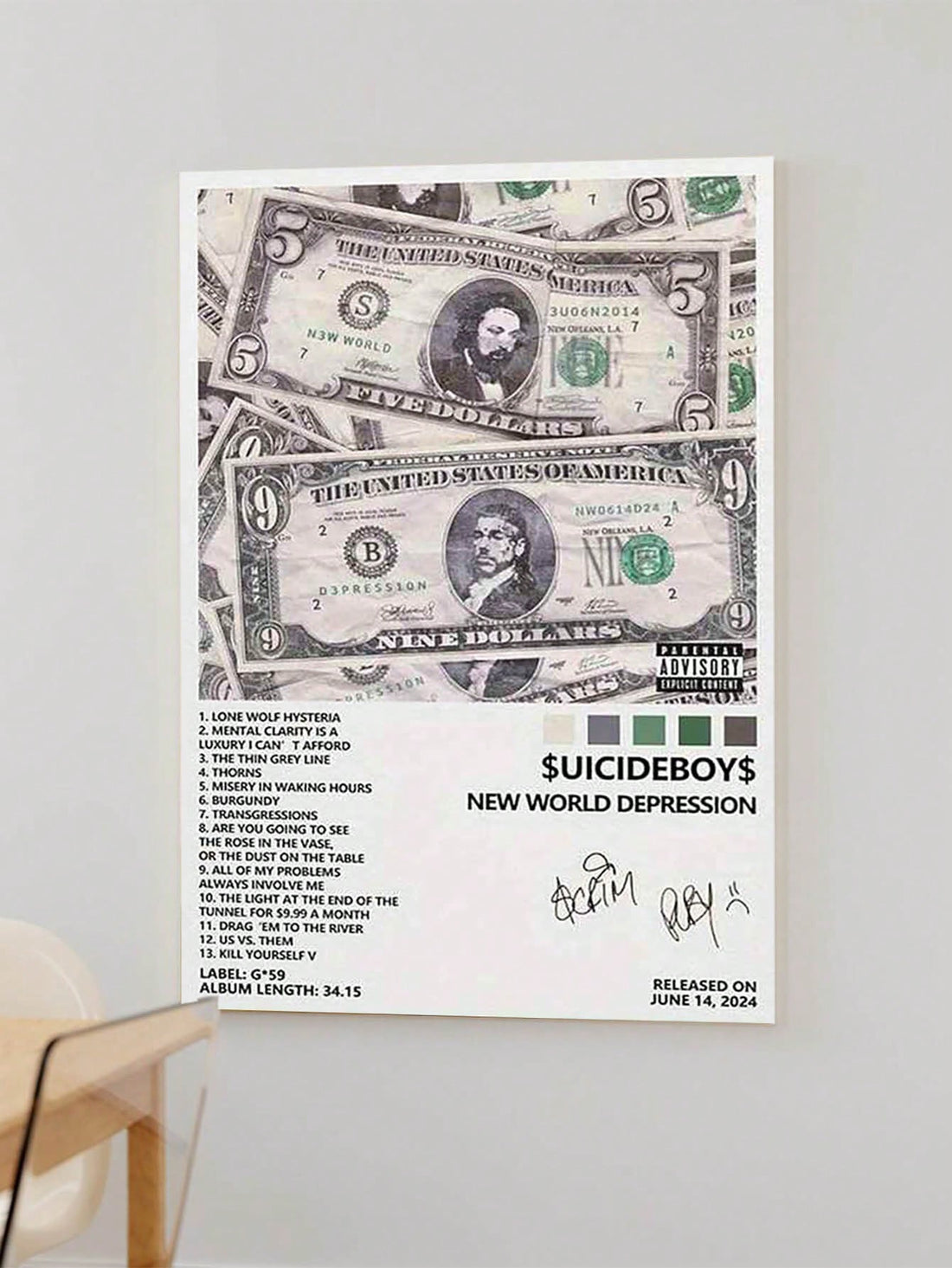 Create a stylish and modern atmosphere in your room with our 'New World Depression' album cover art canvas poster. This aesthetic piece will add a unique touch to your decor, making it the perfect addition to any music lover's space. Elevate your space with this one-of-a-kind artwork.