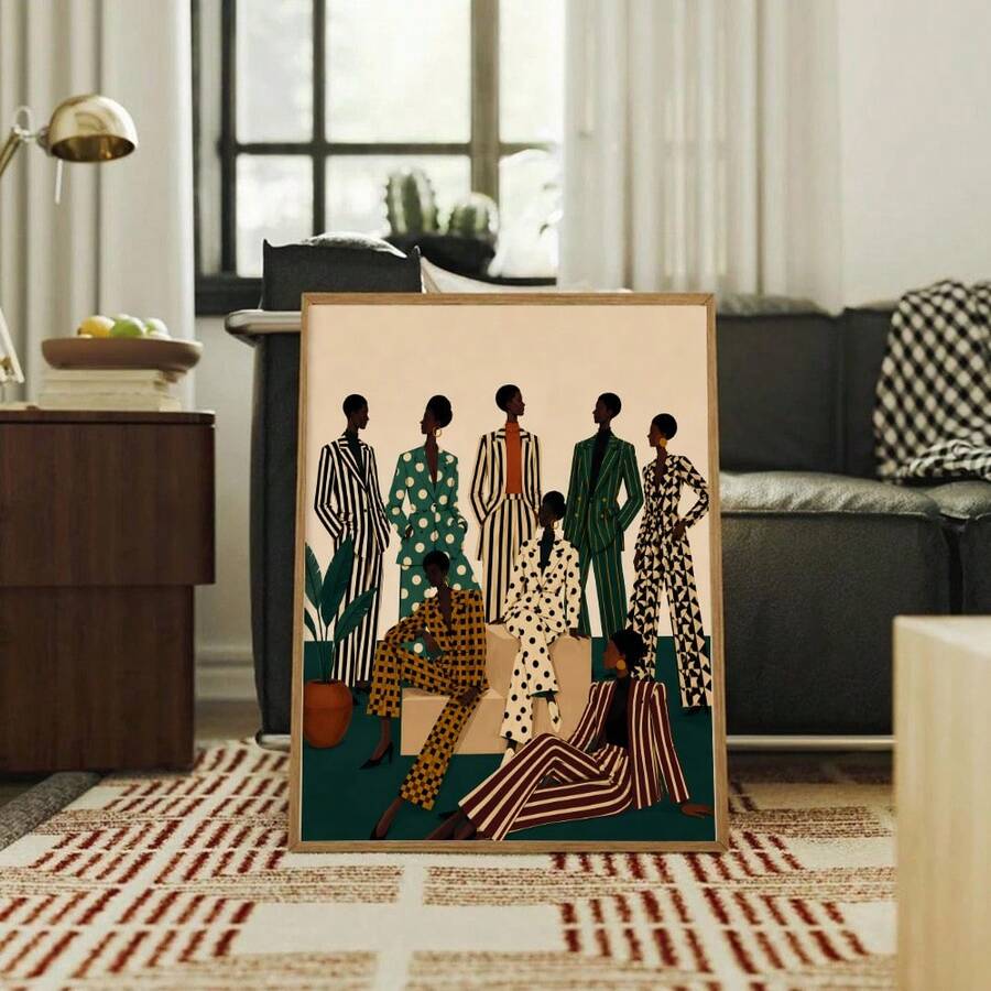 The Modern African American Fashion Woman Suit Canvas Wall Art Poster features a confident woman in a sophisticated suit, combining contemporary fashion with bold artistic expression