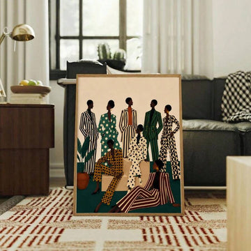 The Modern African American Fashion Woman Suit Canvas Wall Art Poster features a confident woman in a sophisticated suit, combining contemporary fashion with bold artistic expression