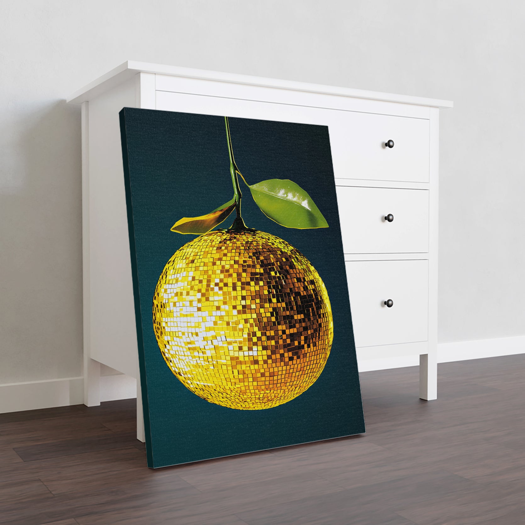 Add a pop of color to any room with this modern canvas print featuring a vibrant orange disco ball and delicate leaves. Perfect for decorating your living room, sofa backdrop, or bedside, this print adds a touch of contemporary style to any space.