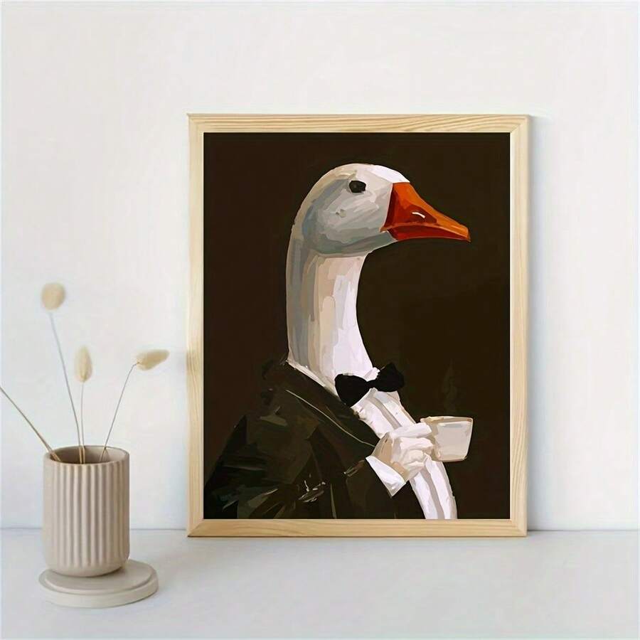 Tuxedo waiter goose portrait on minimalist white shelf