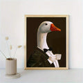 Tuxedo waiter goose portrait on minimalist white shelf