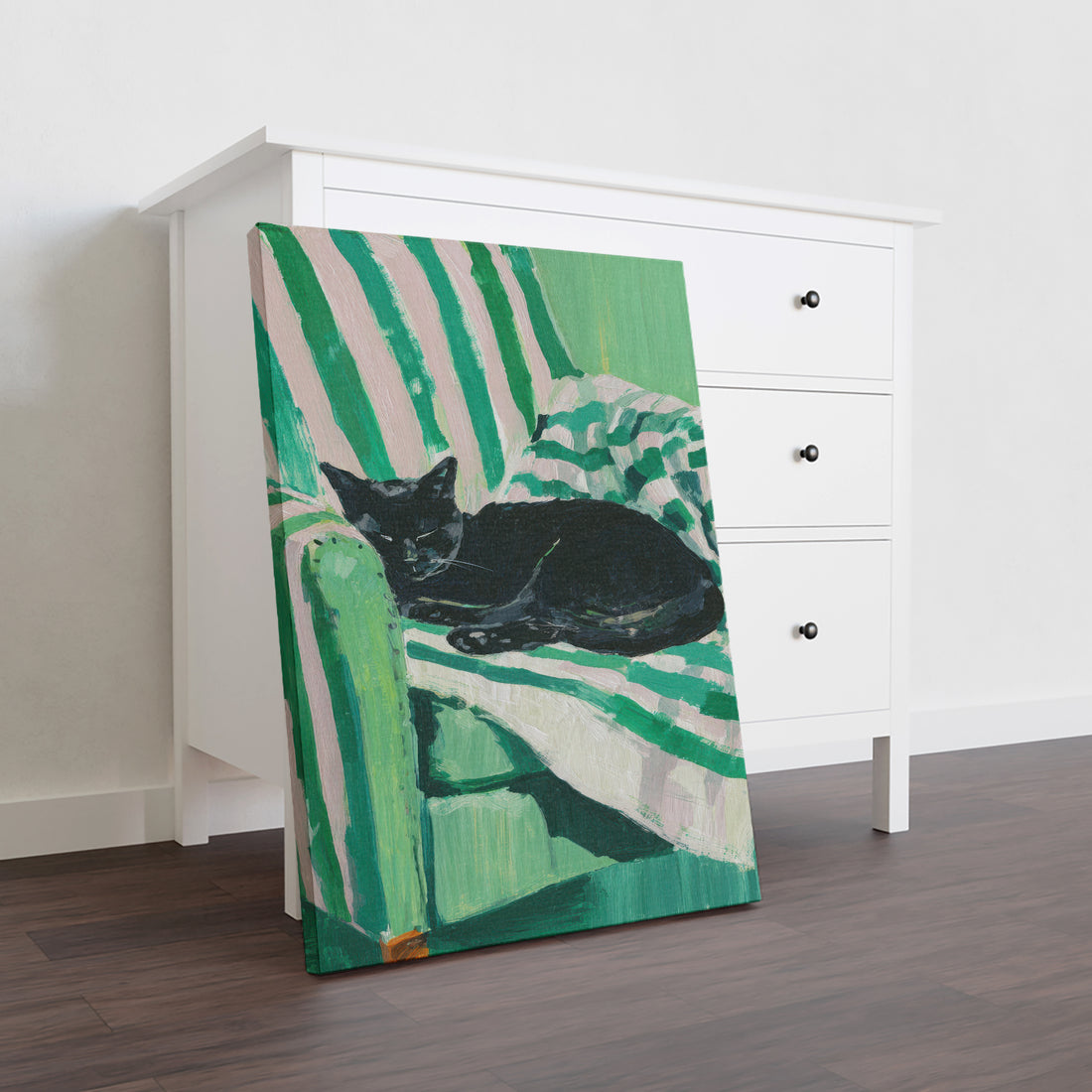 This striking canvas art piece features a sleek black cat silhouette set against a contemporary green striped background, creating a sophisticated focal point for any interior space. The minimalist design combines modern aesthetics with timeless appeal, making it an ideal choice for living rooms, bedrooms, or entryways. The bold contrast between the cat's dark form and the geometric striped backdrop adds visual interest while maintaining an elegant, understated quality.