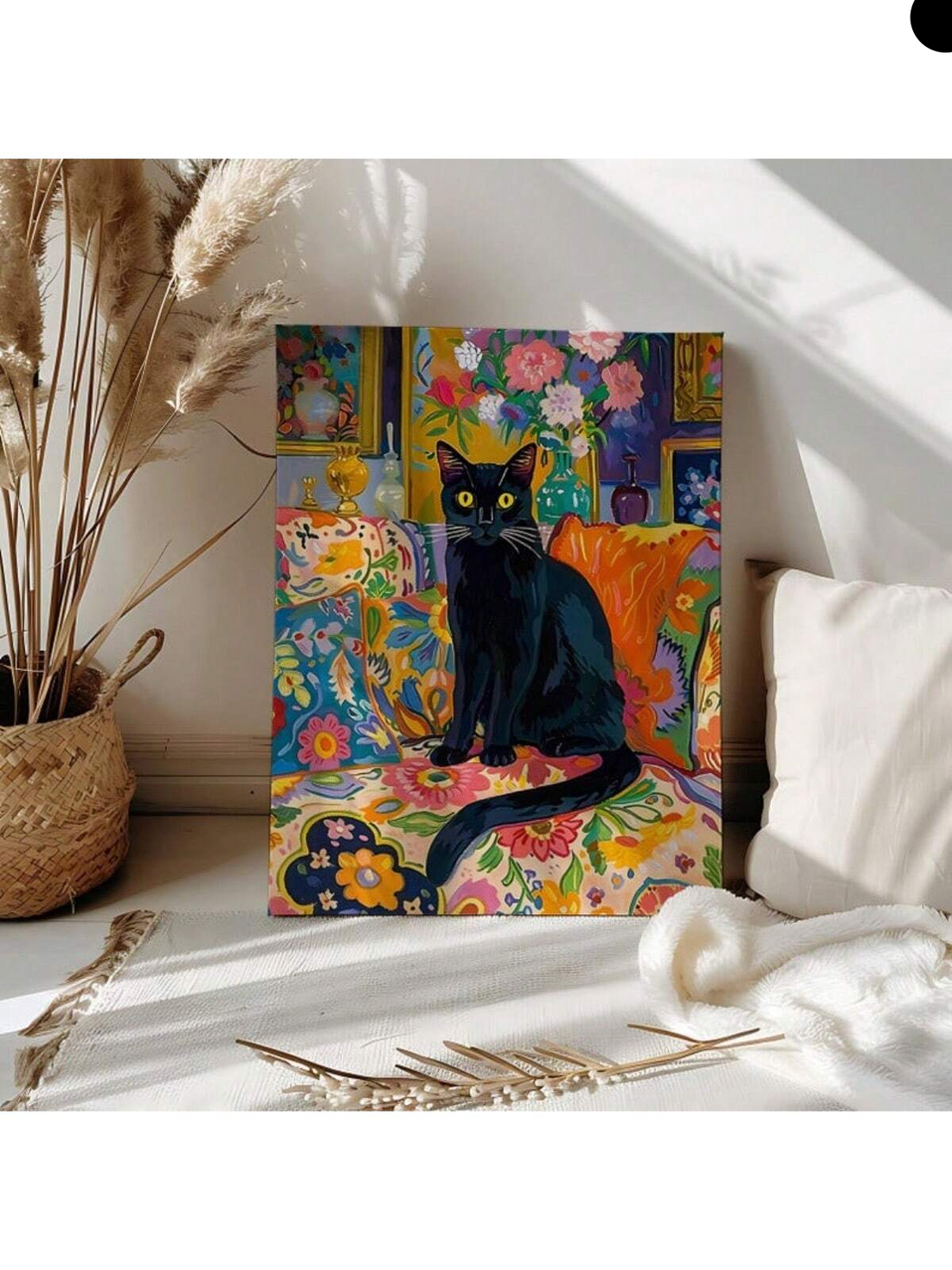 Elevate your interior with this striking canvas art featuring a contemporary black cat lounging on a sofa. 