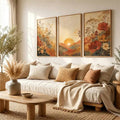 Framed botanical triptych with wildflowers and golden sunrise over layered hills