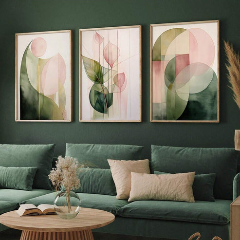 Three piece modern botanical canvas set in green and pink abstract watercolor colors for home office decor
