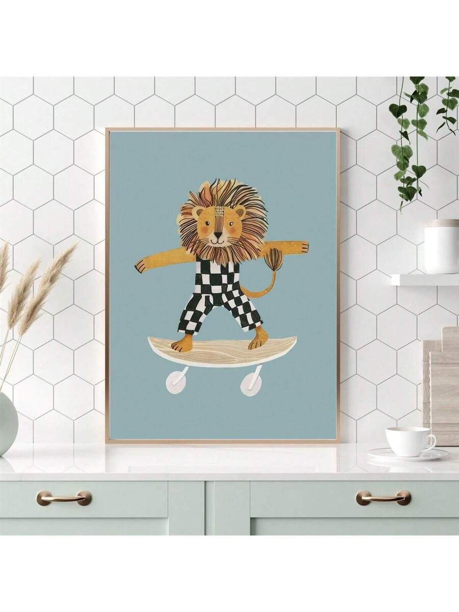 This modern canvas wall art features a cartoon skateboard lion, adding a fun and unique touch to any room. The waterproof material makes it suitable for both home and office décor. Enhance your space with this stylish and durable piece.