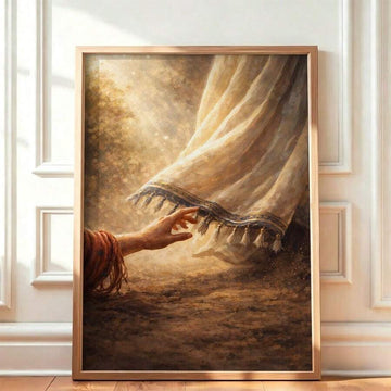 Christian woman touching hem canvas poster in wood frame