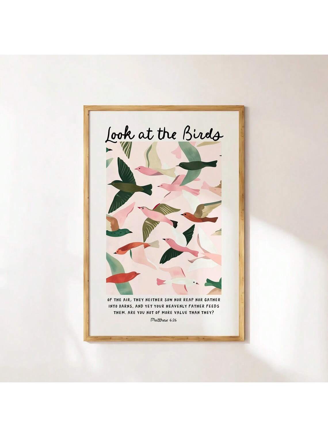 Elevate your living space with this Modern Christian Wall Art featuring Matthew 6's inspiring message, "Look at the Birds." This unframed poster combines contemporary design with timeless faith, serving as a daily reminder to trust in divine provision. Ideal for both home or office, it makes a thoughtful housewarming gift that encourages reflection and peace. Crafted for those who appreciate meaningful decor, this piece seamlessly blends spirituality with modern aesthetics.