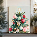 Painterly evergreen Christmas tree decorated with red, pink and mint ornaments and a bright star