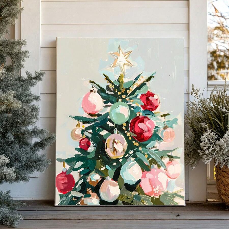 Painterly evergreen Christmas tree decorated with red, pink and mint ornaments and a bright star
