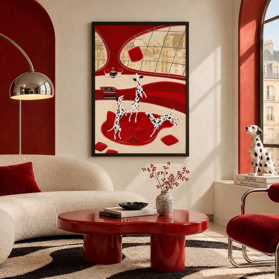 Three spotted Dalmatians in a vivid red room, framed canvas above a modern cream sofa