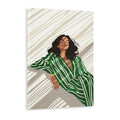 Enhance your decor with this modern and stylish fashion illustration wall art featuring a green striped dress print. Perfect for any living room, sofa backdrop, or bedside, this piece adds a touch of chic and elegance to your home. A must-have for fashion lovers and art enthusiasts alike.
