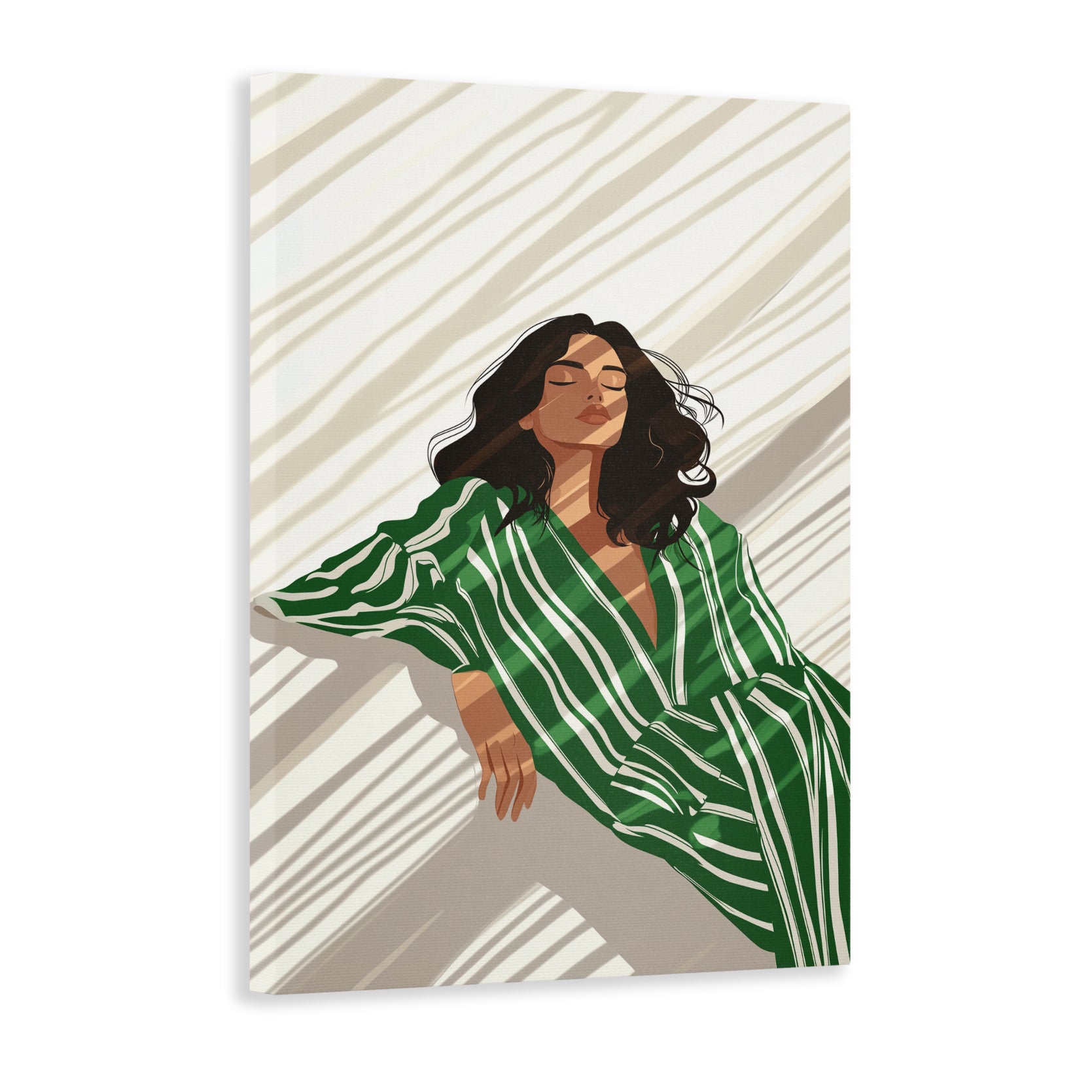 Enhance your decor with this modern and stylish fashion illustration wall art featuring a green striped dress print. Perfect for any living room, sofa backdrop, or bedside, this piece adds a touch of chic and elegance to your home. A must-have for fashion lovers and art enthusiasts alike.