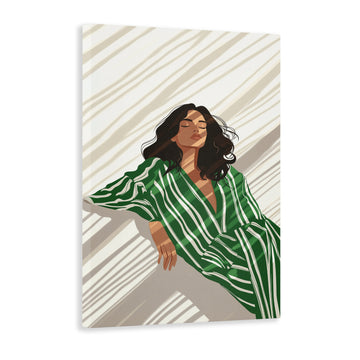 Enhance your decor with this modern and stylish fashion illustration wall art featuring a green striped dress print. Perfect for any living room, sofa backdrop, or bedside, this piece adds a touch of chic and elegance to your home. A must-have for fashion lovers and art enthusiasts alike.