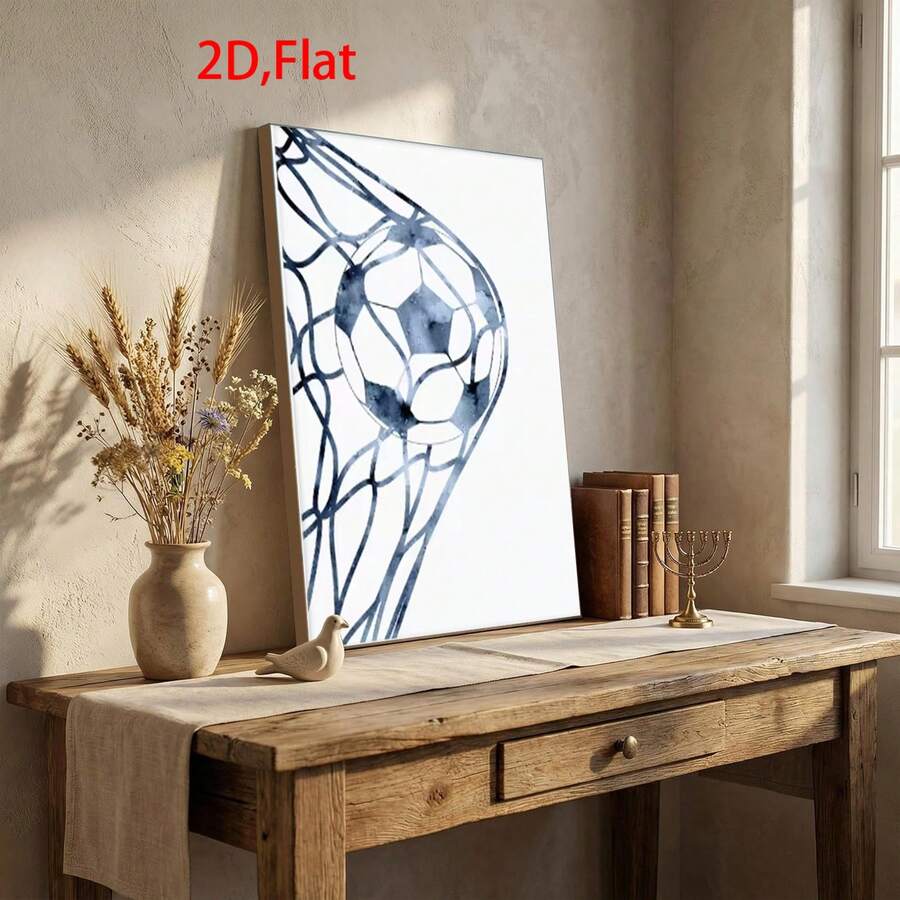 Blue-gray soccer ball and goal-net canvas art on a rustic console table