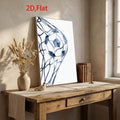 Blue-gray soccer ball and goal-net canvas art on a rustic console table