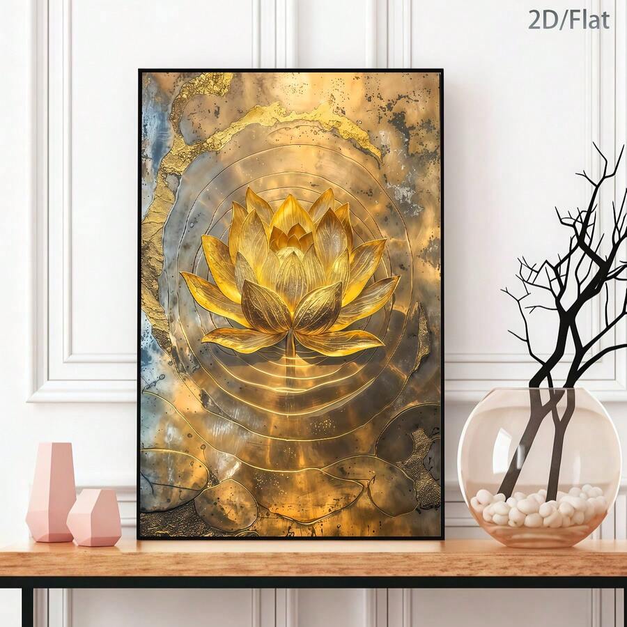 Elevate your space with this stunning Modern Golden Lotus Canvas Art Print. Featuring an elegant floral design with graphic elements, this waterproof canvas painting brings contemporary sophistication to any room. Perfect for dining rooms, home offices, or as a thoughtful gift, this unframed hanging painting combines artistic beauty with practical durability. The golden lotus motif adds a touch of luxury and tranquility to your walls, making it an ideal choice for those seeking meaningful wall decor that co