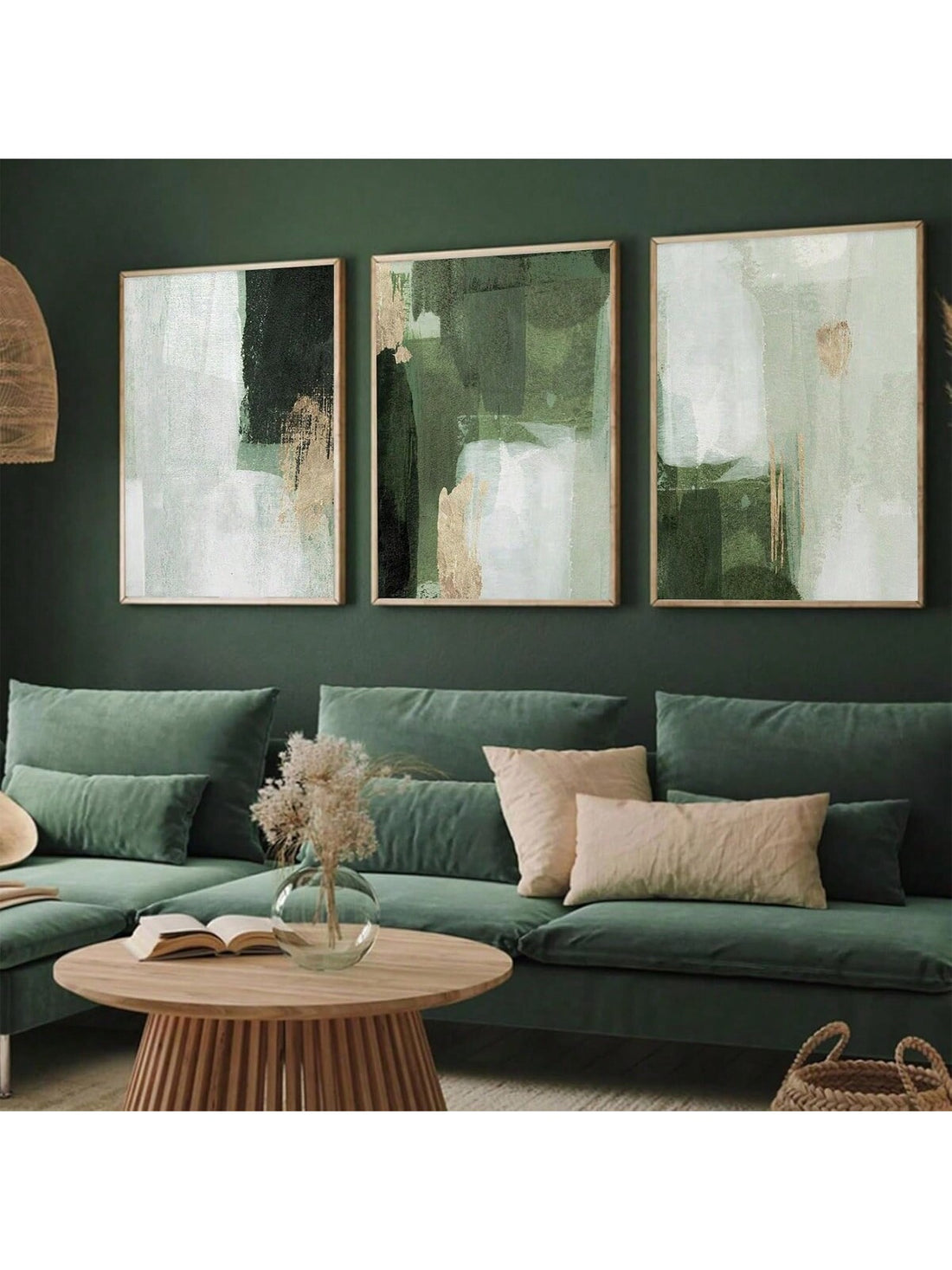 This modern art set features a trio of geometric paintings in green and gold. Add a touch of style to your home decor with these abstract pieces. Perfect for any room, these paintings will elevate your space with a trendy and chic vibe.