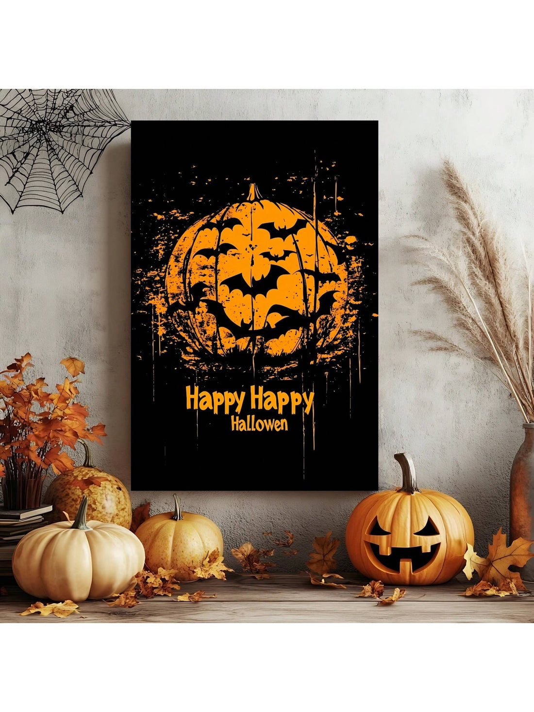 Elevate your seasonal décor with this Modern Halloween Pumpkin &amp; Bat Wall Art Poster. Crafted on waterproof canvas, it offers durability and vibrant color retention, perfect for both home and office settings. Its contemporary design blends festive charm with a sleek aesthetic, making it an ideal statement piece that withstands humidity and wear. Easy to hang and maintain, this wall art adds a sophisticated Halloween touch to any space.
