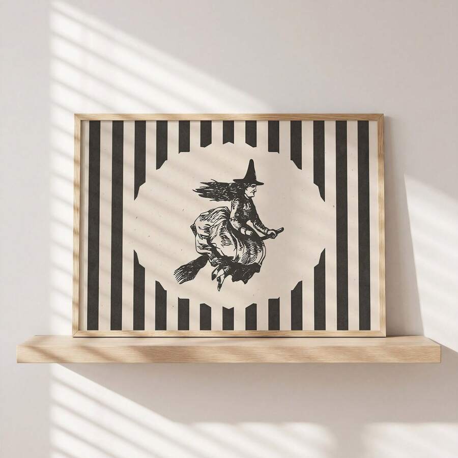 Halloween witch canvas poster with broom-riding silhouette and black striped border