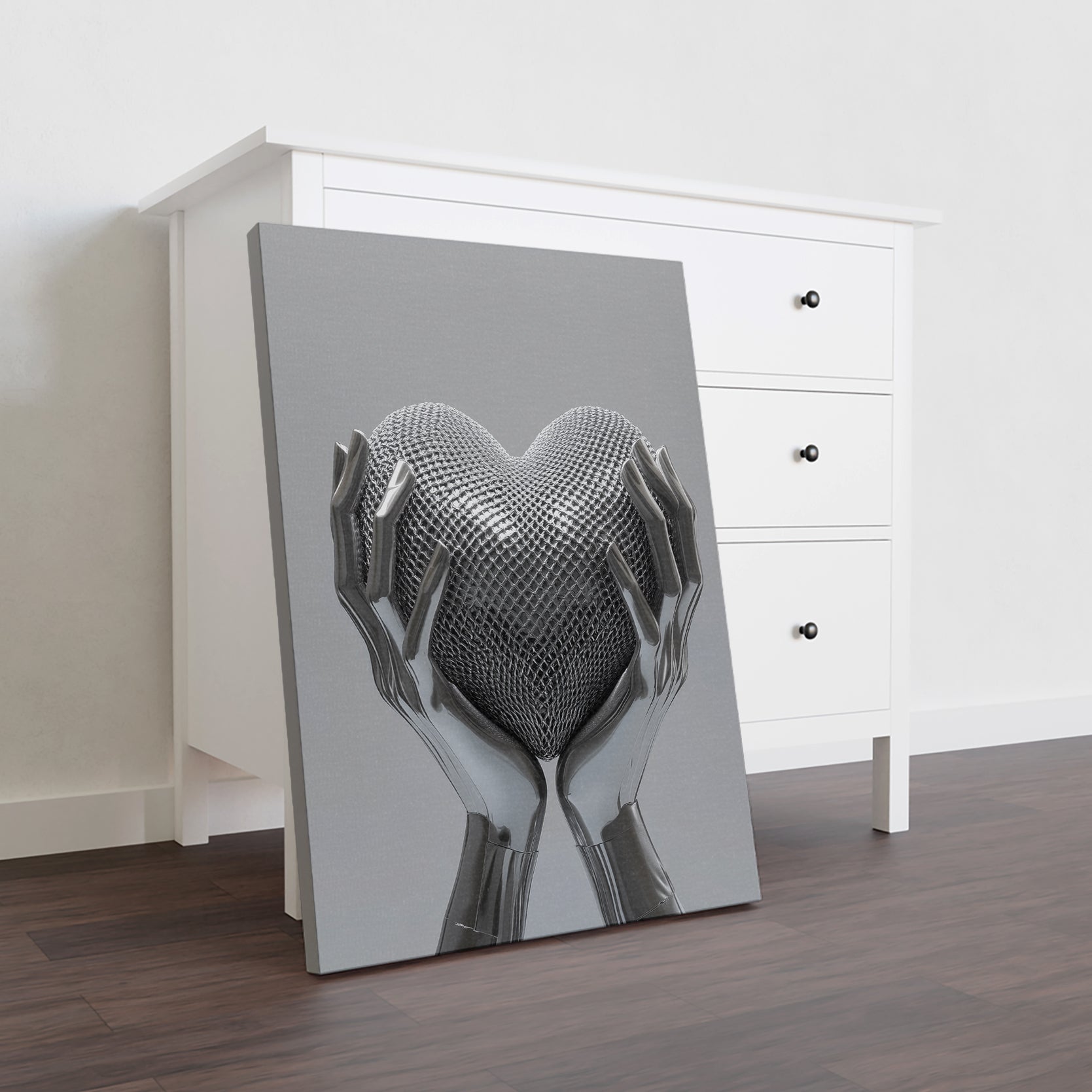 Modern Heart Art Canvas Print, Metallic Silver Mesh Design with Hands- For Living Room, Sofa Backdrop, Bedside Decoration, Home Decor