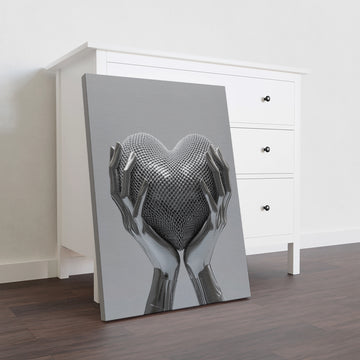 Modern Heart Art Canvas Print, Metallic Silver Mesh Design with Hands- For Living Room, Sofa Backdrop, Bedside Decoration, Home Decor