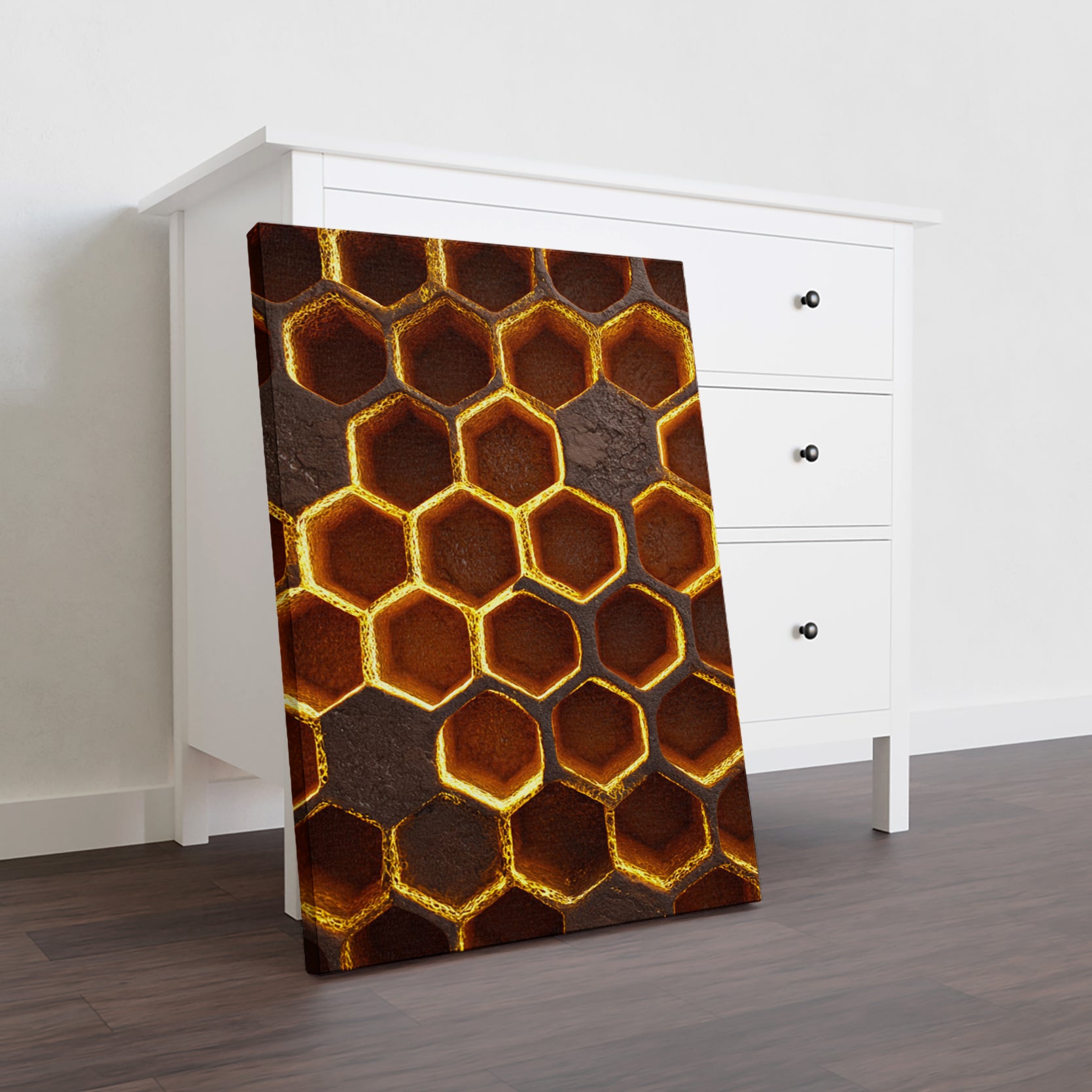 Elevate your interior with this striking modern canvas art featuring an intricate honeycomb pattern rendered in rich dark brown and gold tones. The geometric design brings contemporary sophistication to any room, whether displayed above your sofa, beside your bed, or as a focal point in your living space.
