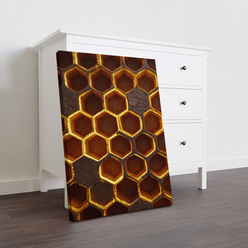Elevate your interior with this striking modern canvas art featuring an intricate honeycomb pattern rendered in rich dark brown and gold tones. The geometric design brings contemporary sophistication to any room, whether displayed above your sofa, beside your bed, or as a focal point in your living space.