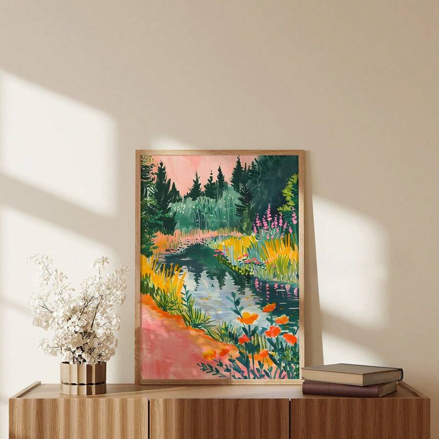 Colorful impressionist forest landscape poster with pond and orange flowers