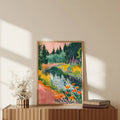 Colorful impressionist forest landscape poster with pond and orange flowers
