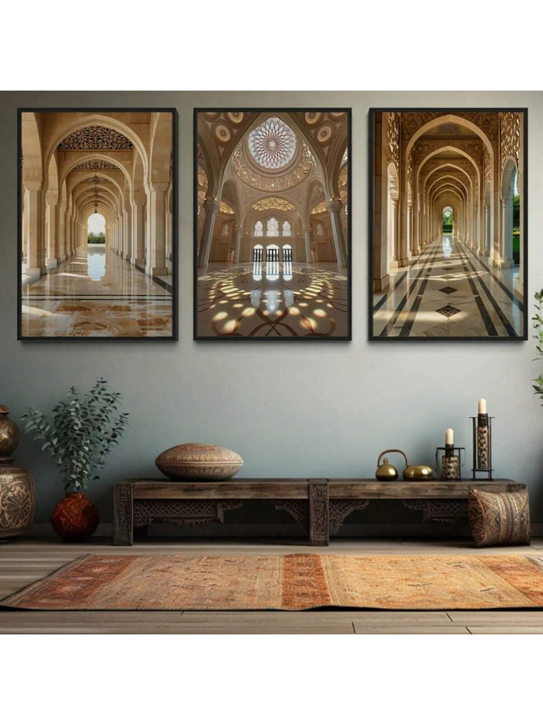 Elevate your living space with this Modern Islamic Wall Art Set, featuring three canvas prints that showcase neutral-toned architectural designs. Each piece reflects refined Islamic artistry, blending tradition with contemporary style to create a sophisticated ambiance. Perfect for adding subtle elegance and cultural depth to any room, these prints offer a timeless aesthetic that complements a variety of interior decors. Crafted for durability and visual impact, this set is an expert choice for those seekin