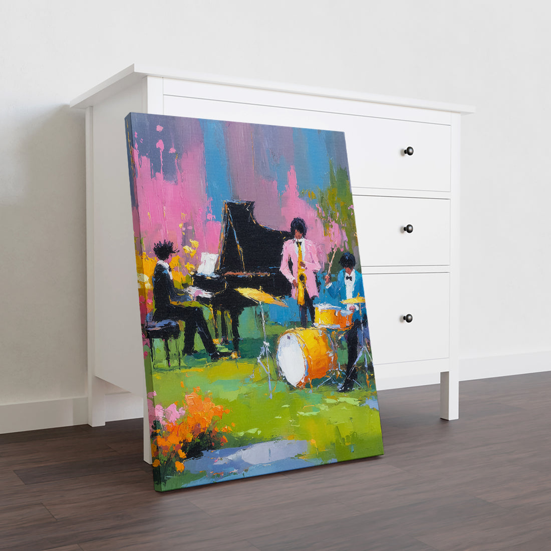 Elevate your living space with this Modern Jazz Band Abstract Canvas Wall Art. Designed to complement living rooms, sofa backdrops, and bedside areas, this piece adds a sophisticated artistic touch. Its abstract design captures the dynamic energy of jazz, creating a focal point that enhances your home decor with contemporary flair. Crafted for durability and visual impact, it seamlessly integrates into various interior styles, offering both aesthetic appeal and a conversation starter.