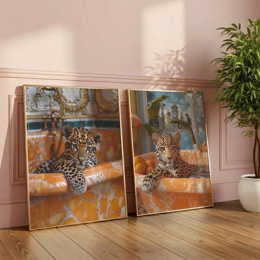Leopard bathtub canvas prints on pink paneled wall