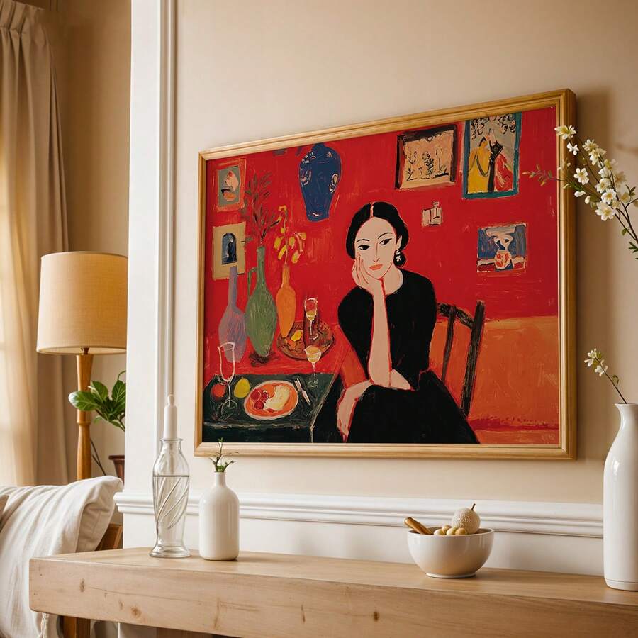 Framed red portrait painting of a seated woman in a bright dining room
