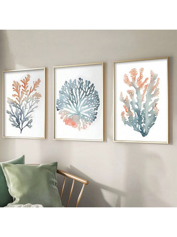 This 3-piece canvas set offers a modern and minimalistic take on marine animal wall art. Each piece is framed and features abstract coral designs, perfect for adding a unique touch to your home or office decor. Elevate any space with this sophisticated and stylish set.