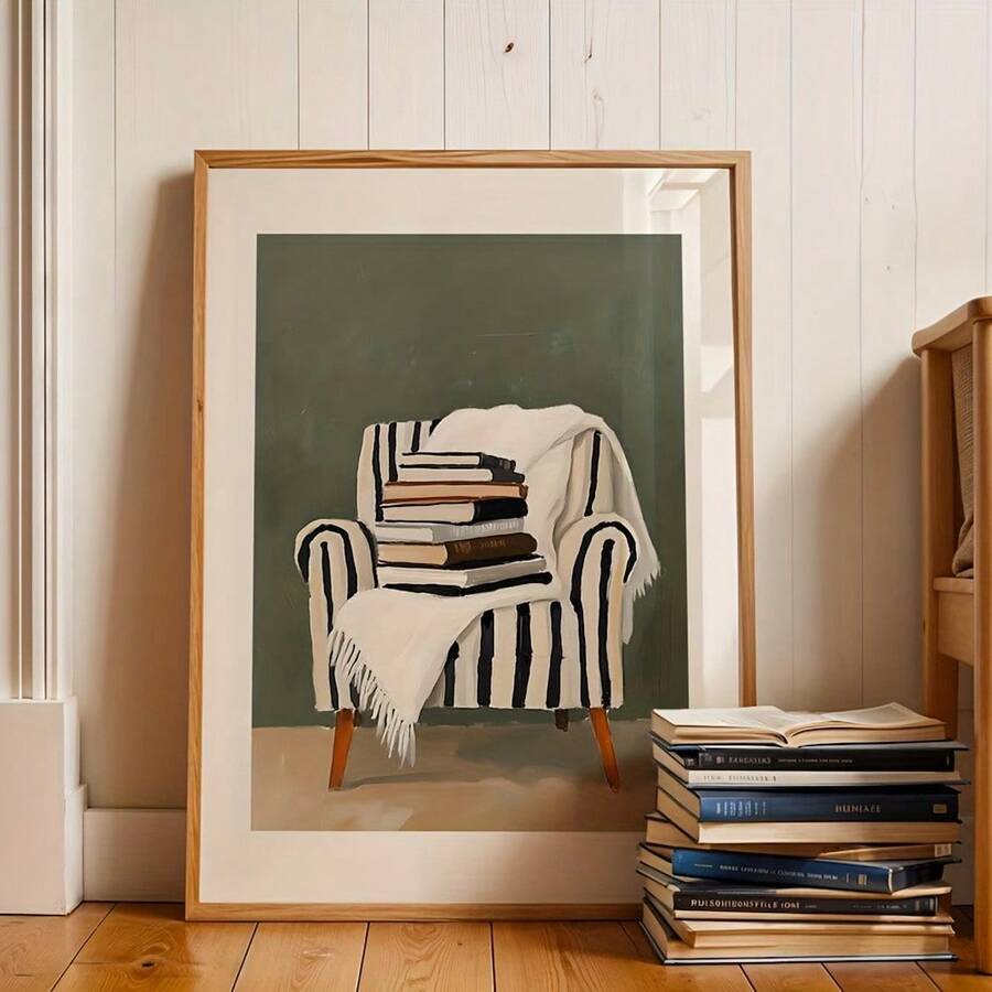 Framed striped armchair and stacked-books illustration against white paneled wall beside book pile