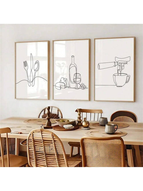 Modern minimalist black and white line art canvas set for dining and living room decor