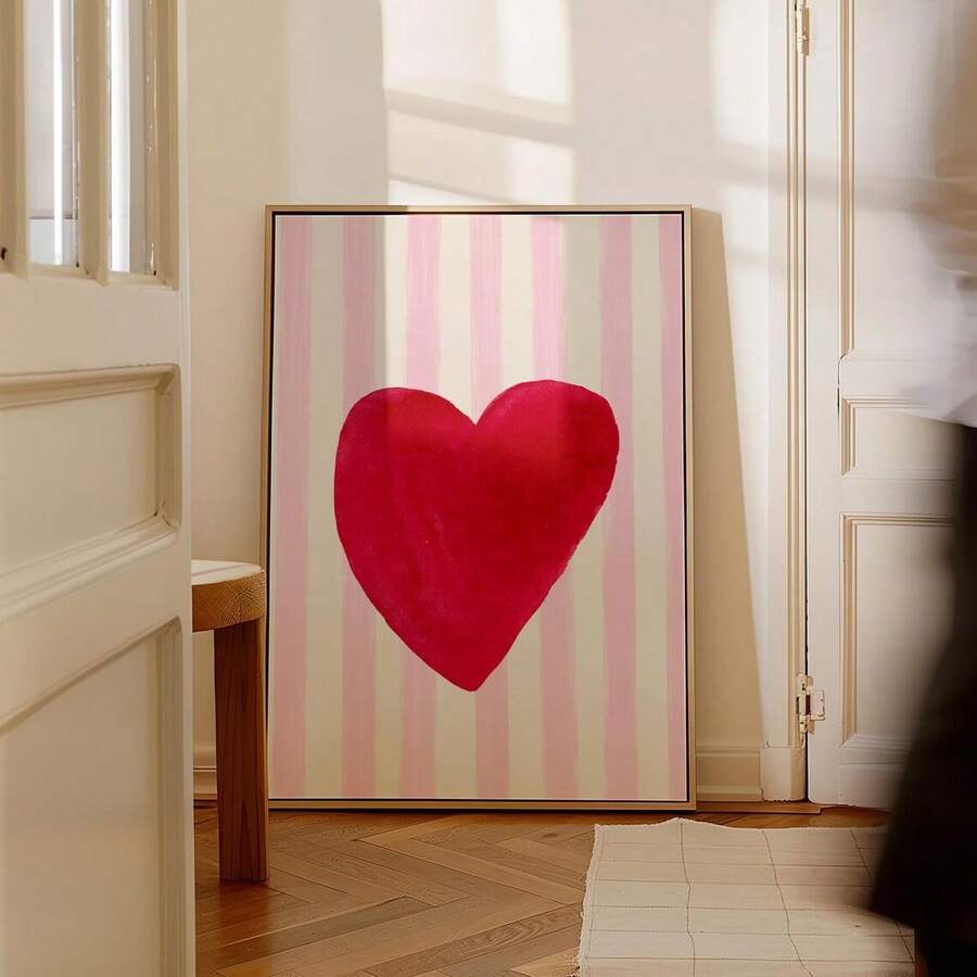 Modern Minimalist Red Heart & Pink Striped Fashion Canvas Poster