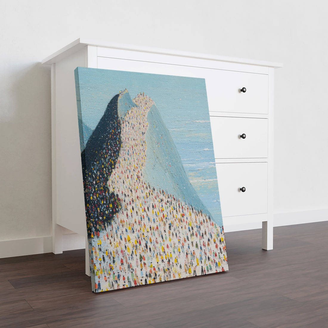 Transform your living space with this striking modern mountain landscape canvas. Featuring a dynamic crowd scene composition, this large-scale artwork captures the grandeur of natural vistas with contemporary artistic flair. The expansive dimensions make it an ideal focal point above sofas, bedroom walls, or any area craving visual impact. Rich color gradations and detailed brushwork create depth that draws viewers in, while the versatile aesthetic complements both minimalist and eclectic interiors.