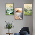 Natural scenery triptych displayed above a teal sofa with lake beach and valley panels