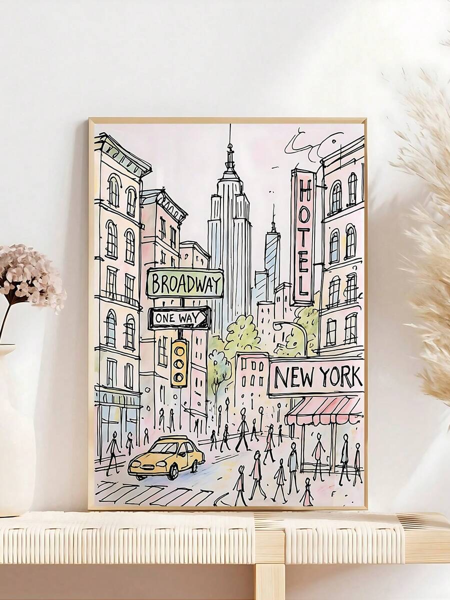 Framed New York Broadway city illustration canvas with yellow taxi on shelf
