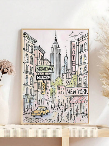 Framed New York Broadway city illustration canvas with yellow taxi on shelf