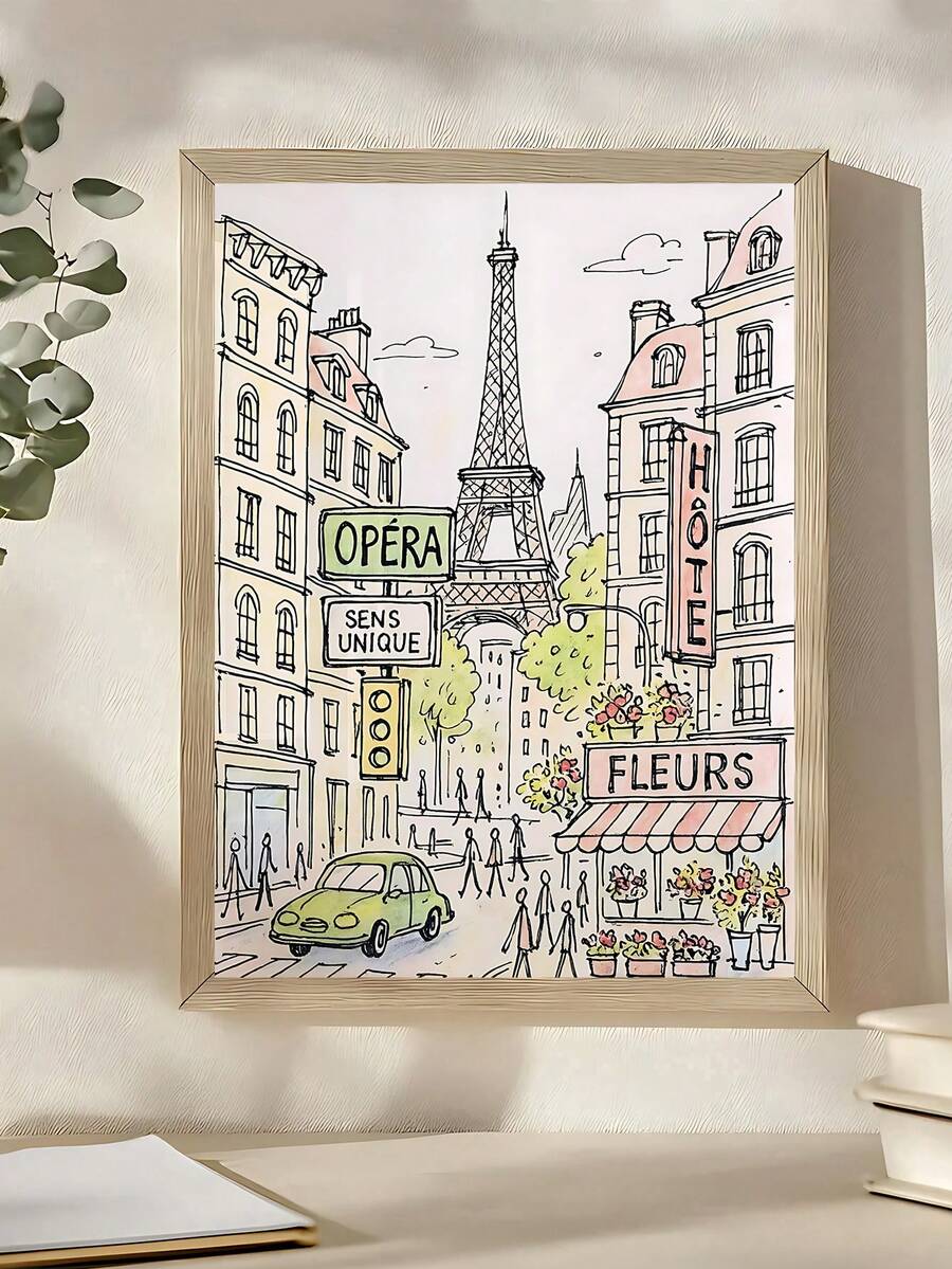 Framed Paris street illustration with Eiffel Tower Opéra sign and flower shop