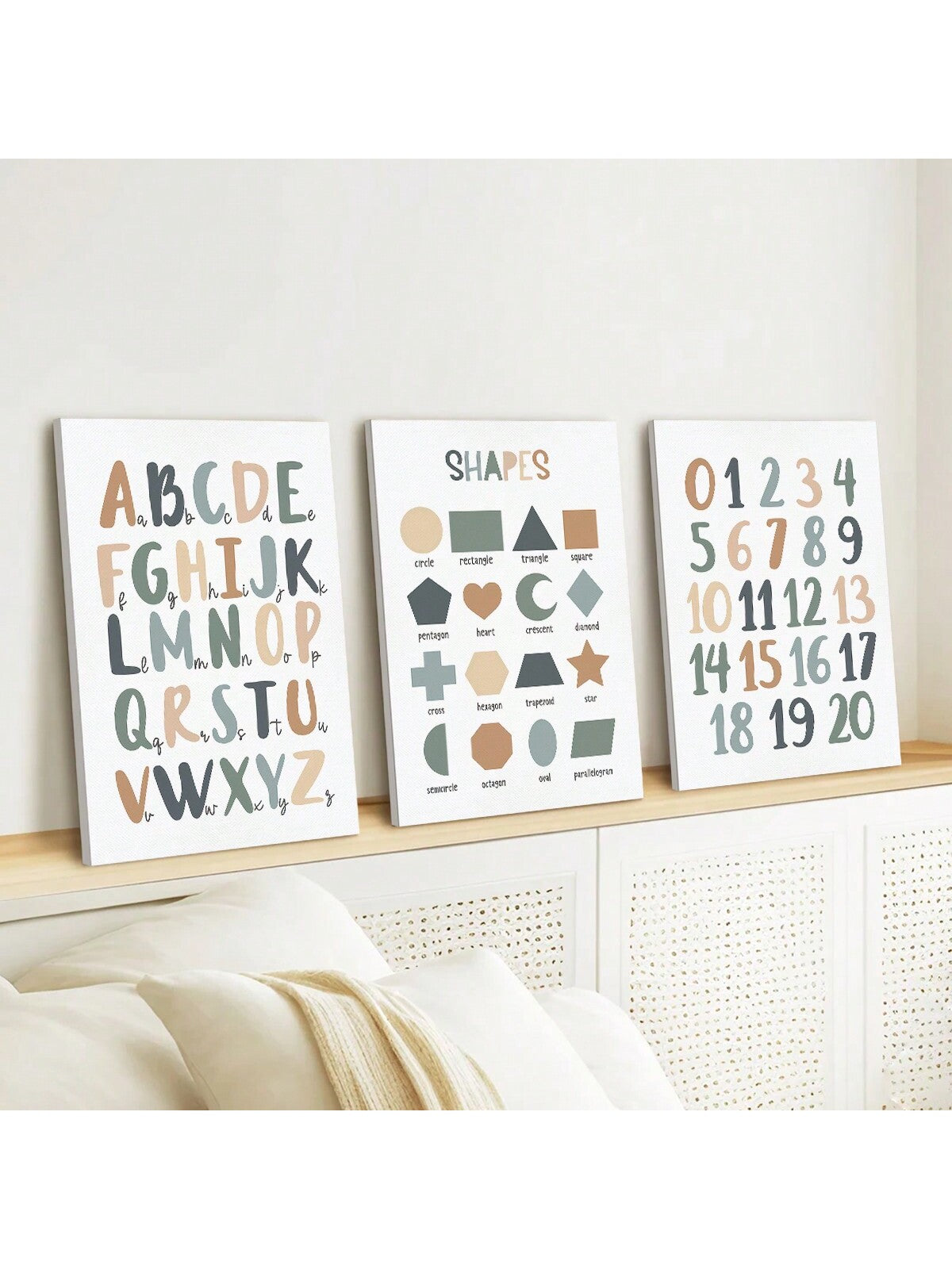 These Modern Scandinavian Alphabet &amp; Number Chart Posters are perfect for nurseries and playrooms. They not only provide an educational tool for children to learn the alphabet and numbers, but also add a stylish touch with their modern Scandinavian design. Made of durable canvas, they are a functional and decorative addition to any child's room.