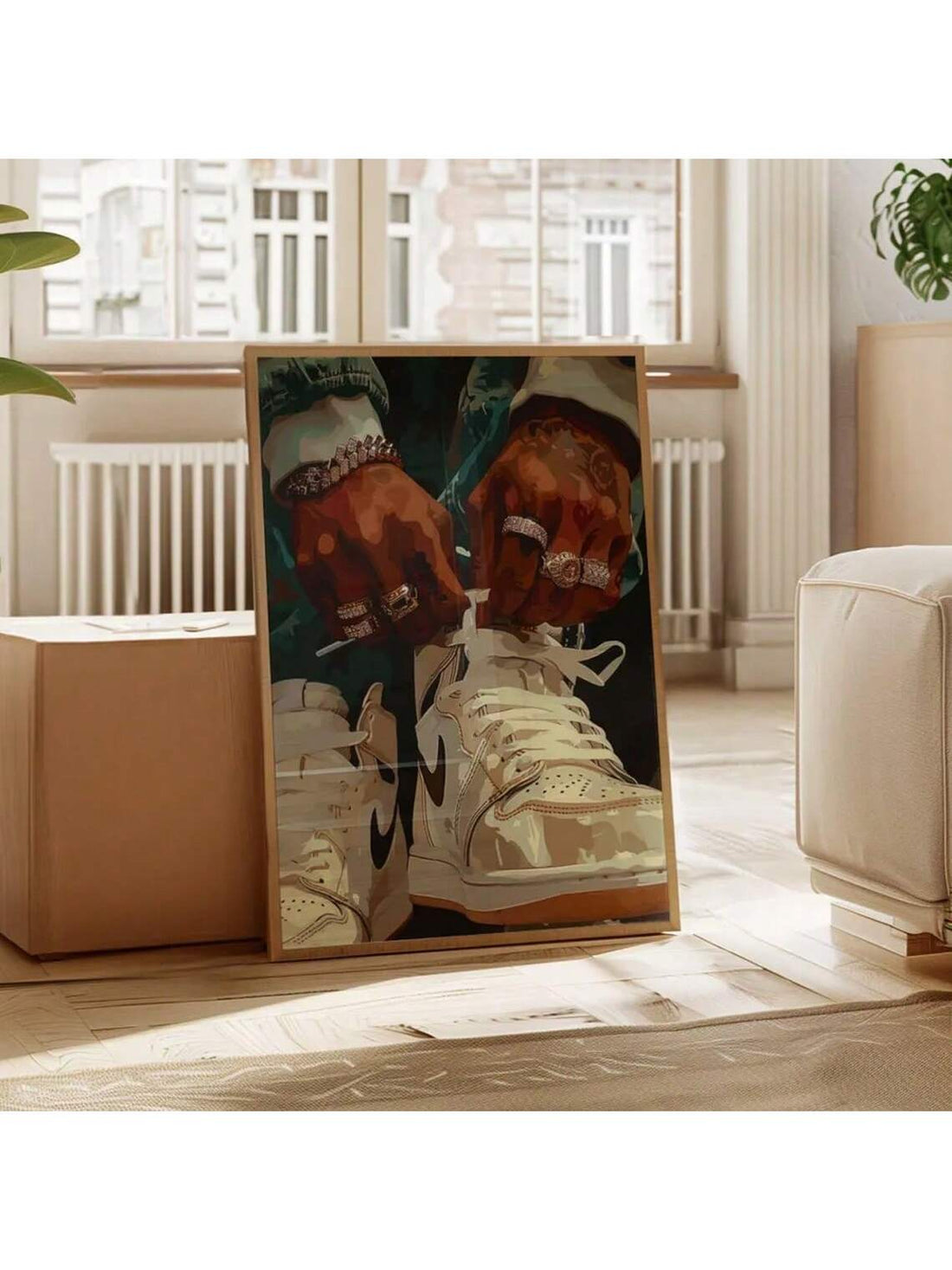Celebrate contemporary street culture with this Modern Sneaker Fan Art Print, designed to elevate men's spaces. This unframed urban wall décor captures the essence of sneaker culture through striking, minimalist artwork, making it a versatile addition to any room. Its clean lines and modern aesthetic add a sophisticated yet edgy touch, perfect for enthusiasts seeking to personalize their environment while showcasing their passion for iconic footwear styles.
