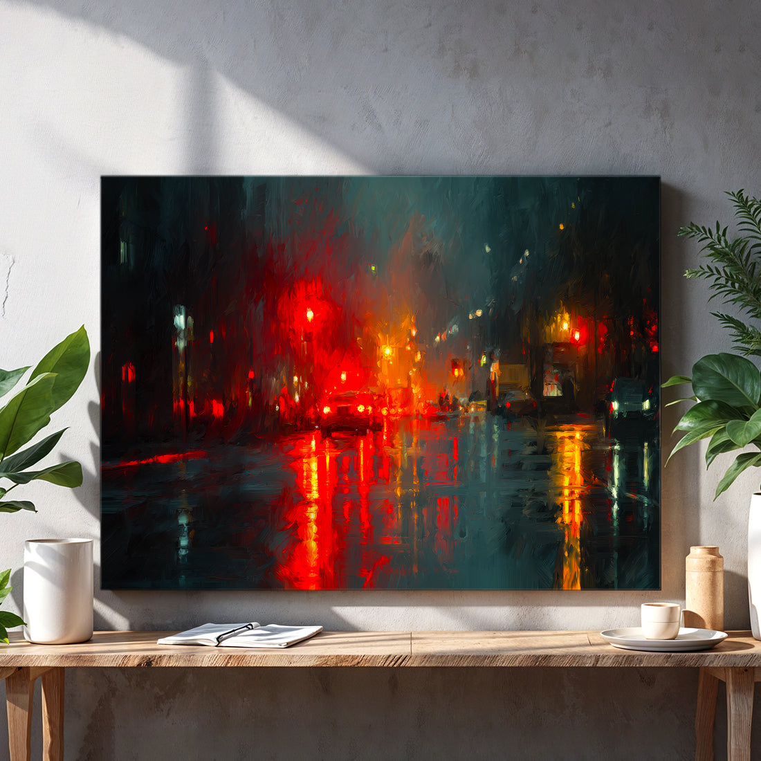 Transform your space with this striking urban night scene canvas art. Featuring a moody rainy street bathed in atmospheric red lights, this piece captures the essence of contemporary city life with sophisticated detail and mood. The dramatic interplay of wet pavement reflections and neon-tinted shadows creates visual depth that draws the eye inward. Perfect for living rooms, bedside walls, or above sofas, this canvas adds an edgy yet refined aesthetic to modern interiors.