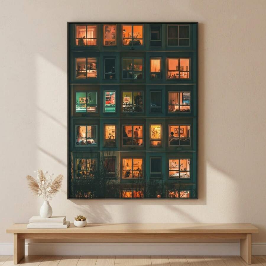 Modern vintage illuminated night windows canvas poster in teal, amber, and orange