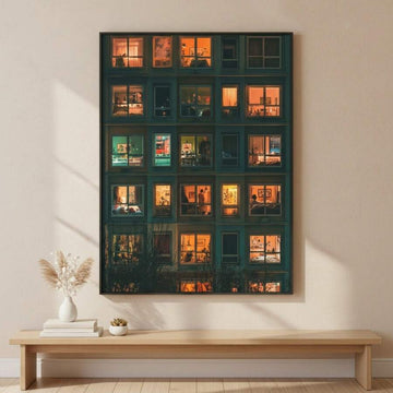 Modern vintage illuminated night windows canvas poster in teal, amber, and orange
